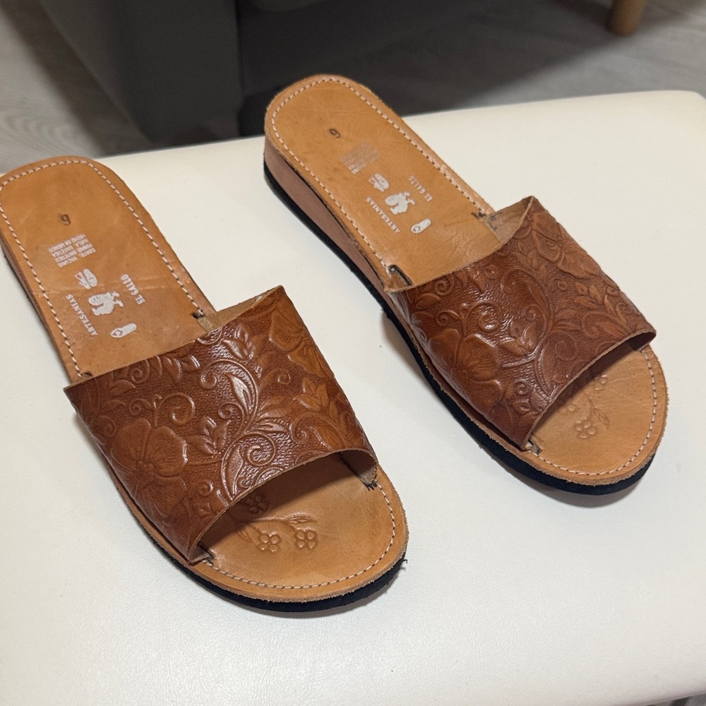 Brown Embossed Slide Sandals